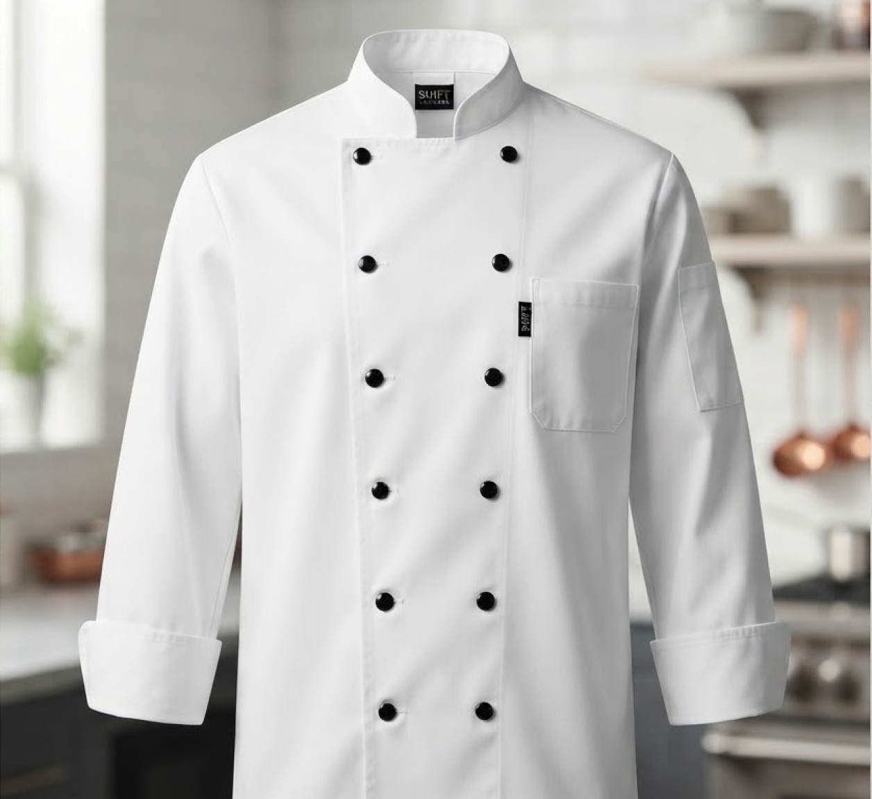 Chef Coat — Double Breasted — Double-breasted twill · Heat-resistant buttons · Name embroidery